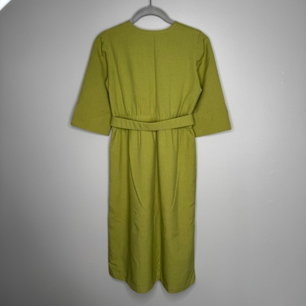 Lime Green Textured Belted Midi Dress Elbow Sleeve Crew Neck Snap Back Amish 29"